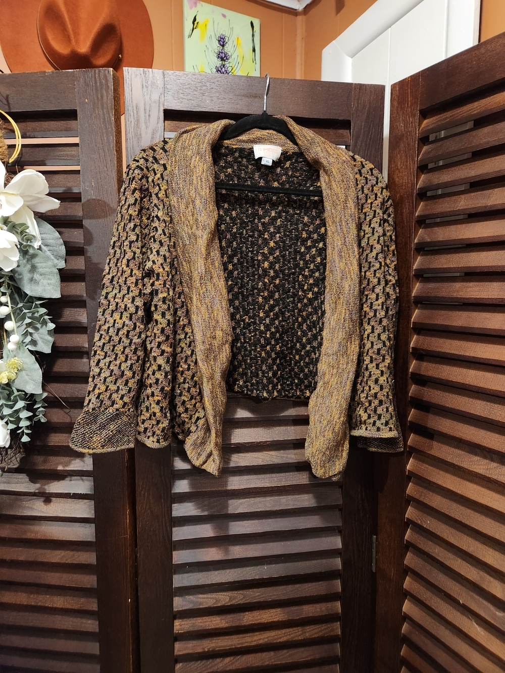 Vintage Multicolor Open-Front Knit Cardigan in Mustard and Black